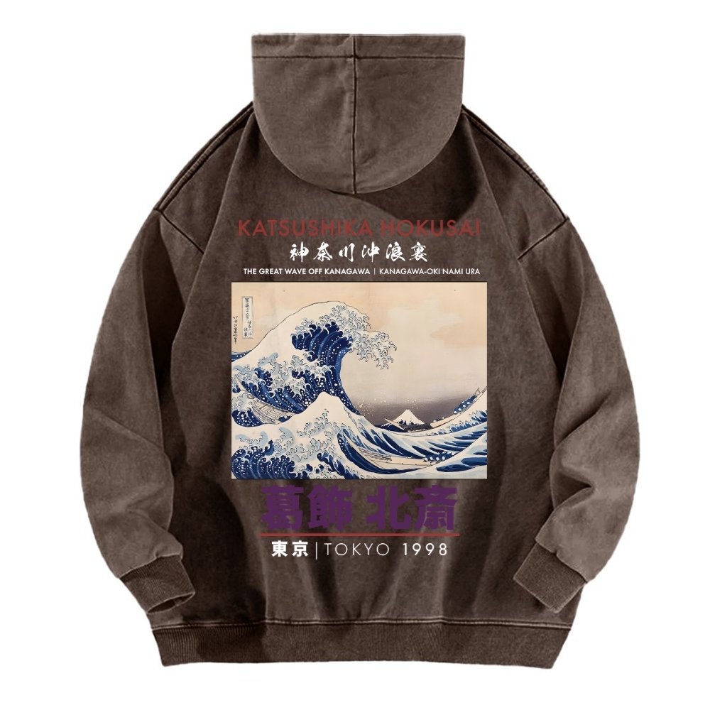 The Great Wave off Kanagawa Katsushika Hokusai Vintage Washed Cotton Back Art Hoodie