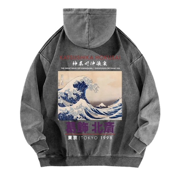 The Great Wave off Kanagawa Katsushika Hokusai Vintage Washed Cotton Back Art Hoodie
