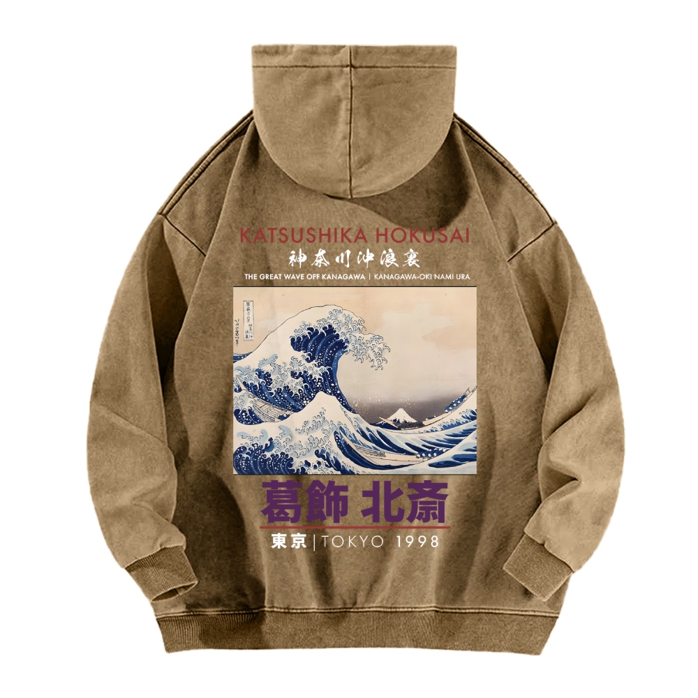 The Great Wave off Kanagawa Katsushika Hokusai Vintage Washed Cotton Back Art Hoodie