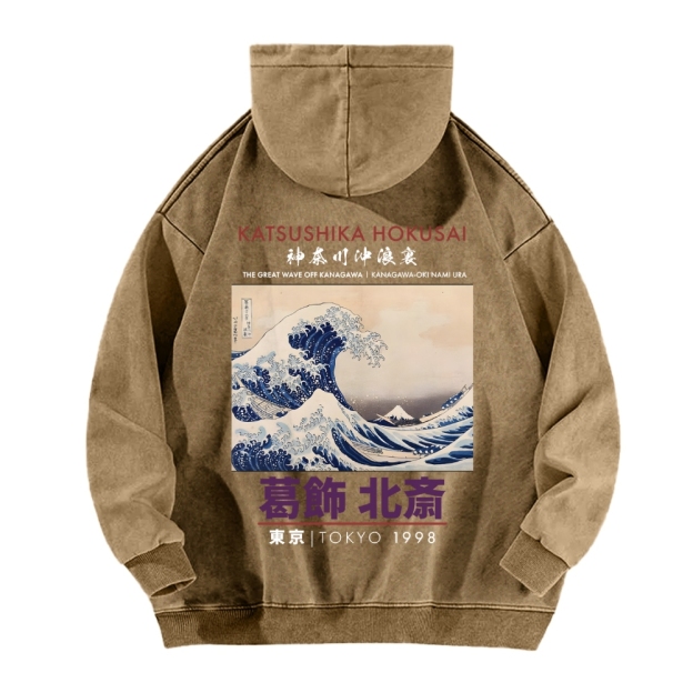 The Great Wave off Kanagawa Katsushika Hokusai Vintage Washed Cotton Back Art Hoodie