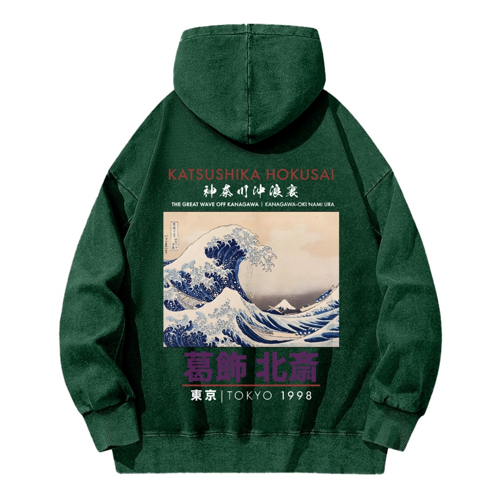 The Great Wave off Kanagawa Katsushika Hokusai Vintage Washed Cotton Back Art Hoodie