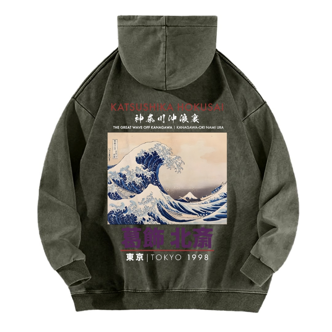 The Great Wave off Kanagawa Katsushika Hokusai Vintage Washed Cotton Back Art Hoodie