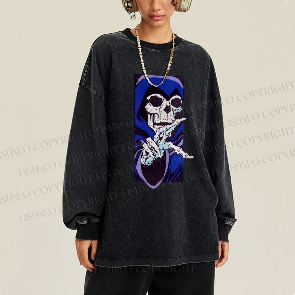Unisex Casual Washed Vintage Skull Printed Long Sleeve T-shirt