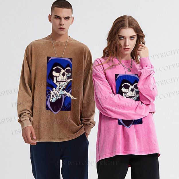 Unisex Casual Washed Vintage Skull Printed Long Sleeve T-shirt