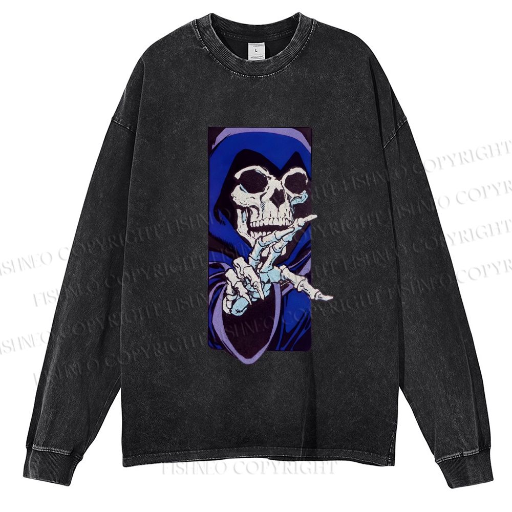 Unisex Casual Washed Vintage Skull Printed Long Sleeve T-shirt