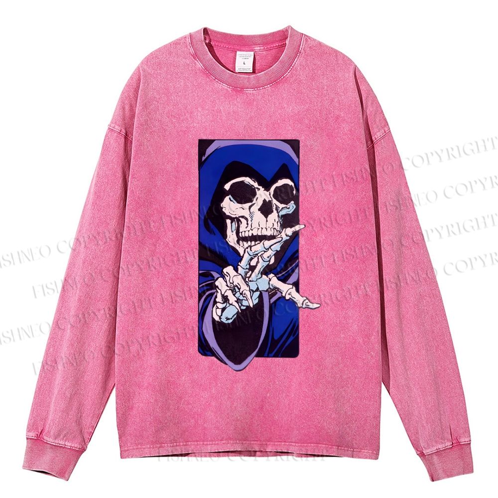 Unisex Casual Washed Vintage Skull Printed Long Sleeve T-shirt