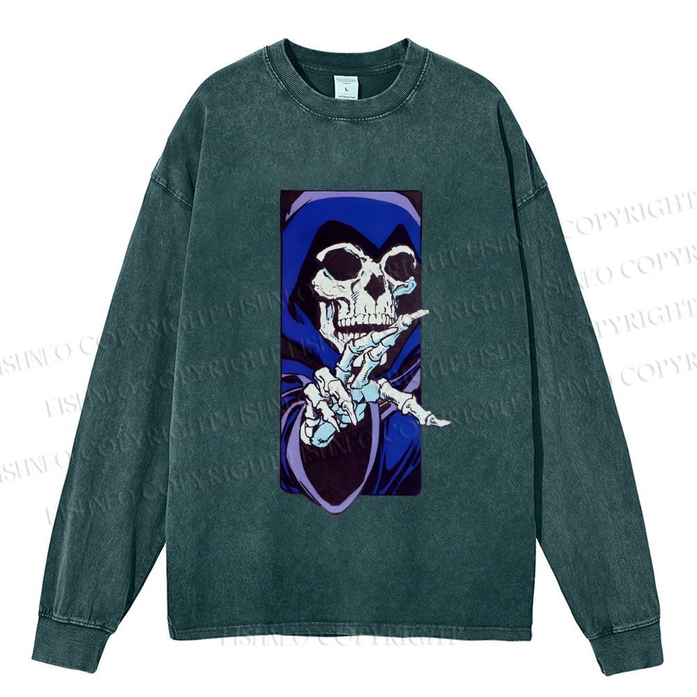 Unisex Casual Washed Vintage Skull Printed Long Sleeve T-shirt