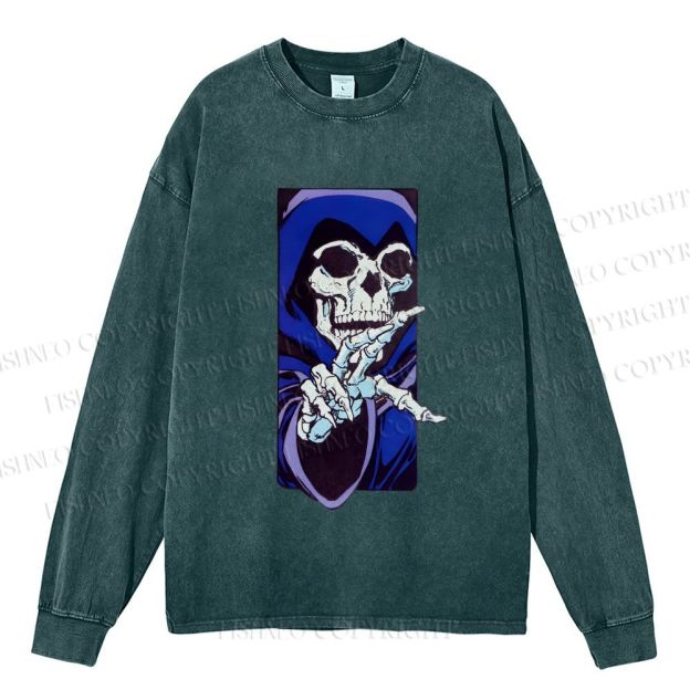 Unisex Casual Washed Vintage Skull Printed Long Sleeve T-shirt