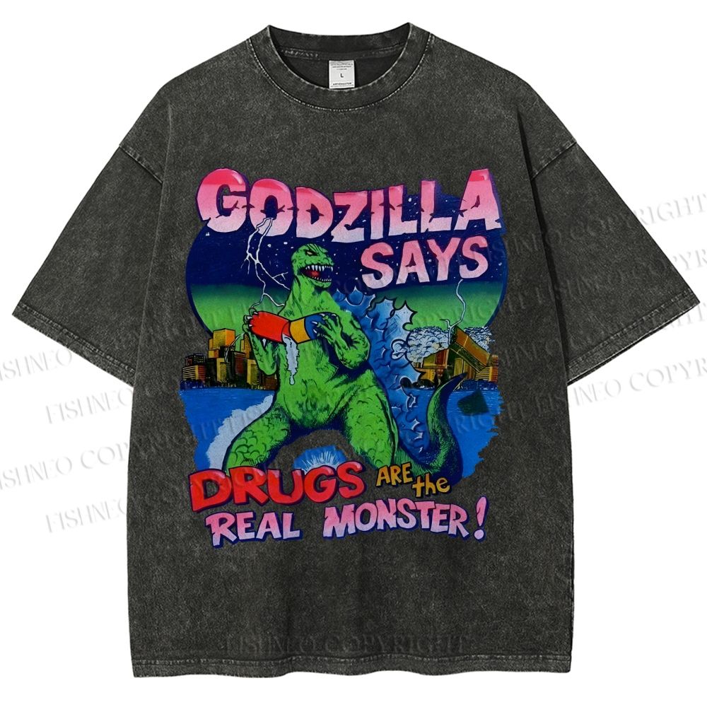 Unisex Godzilla Printed Washed Tee