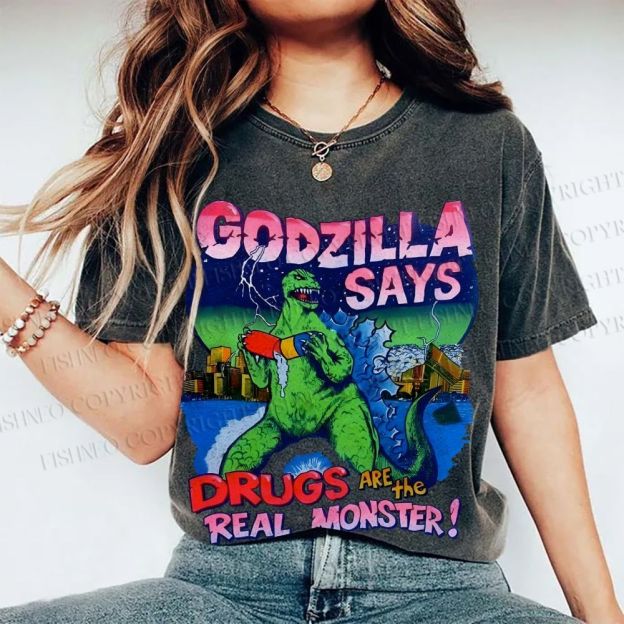 Unisex Godzilla Printed Washed Tee