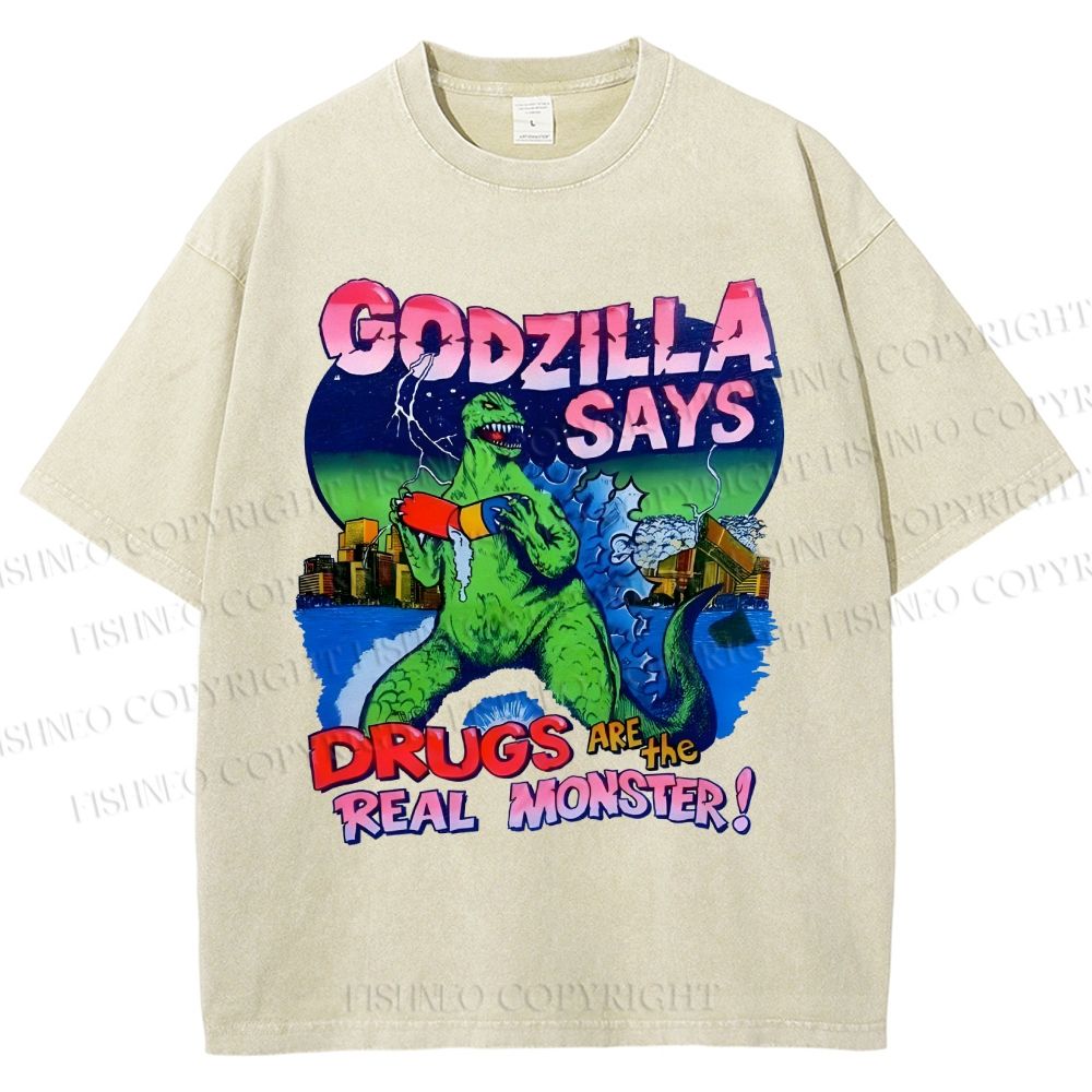 Unisex Godzilla Printed Washed Tee