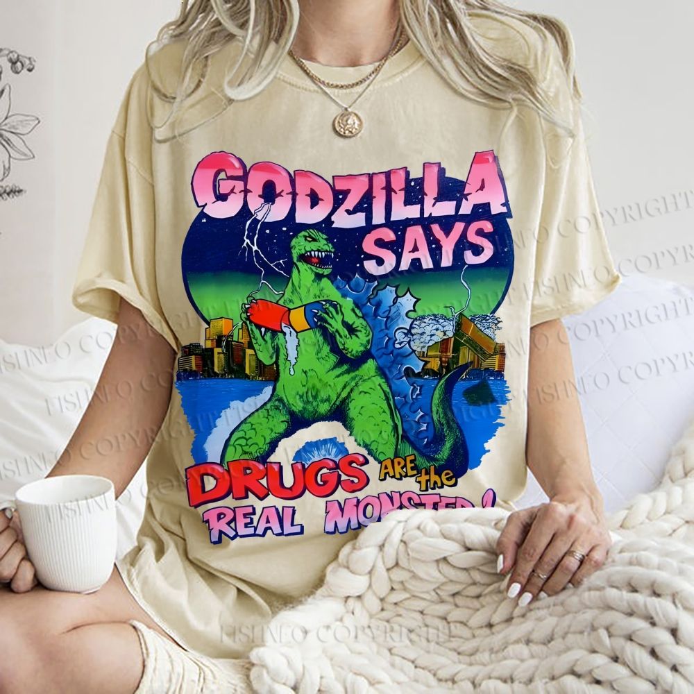 Unisex Godzilla Printed Washed Tee