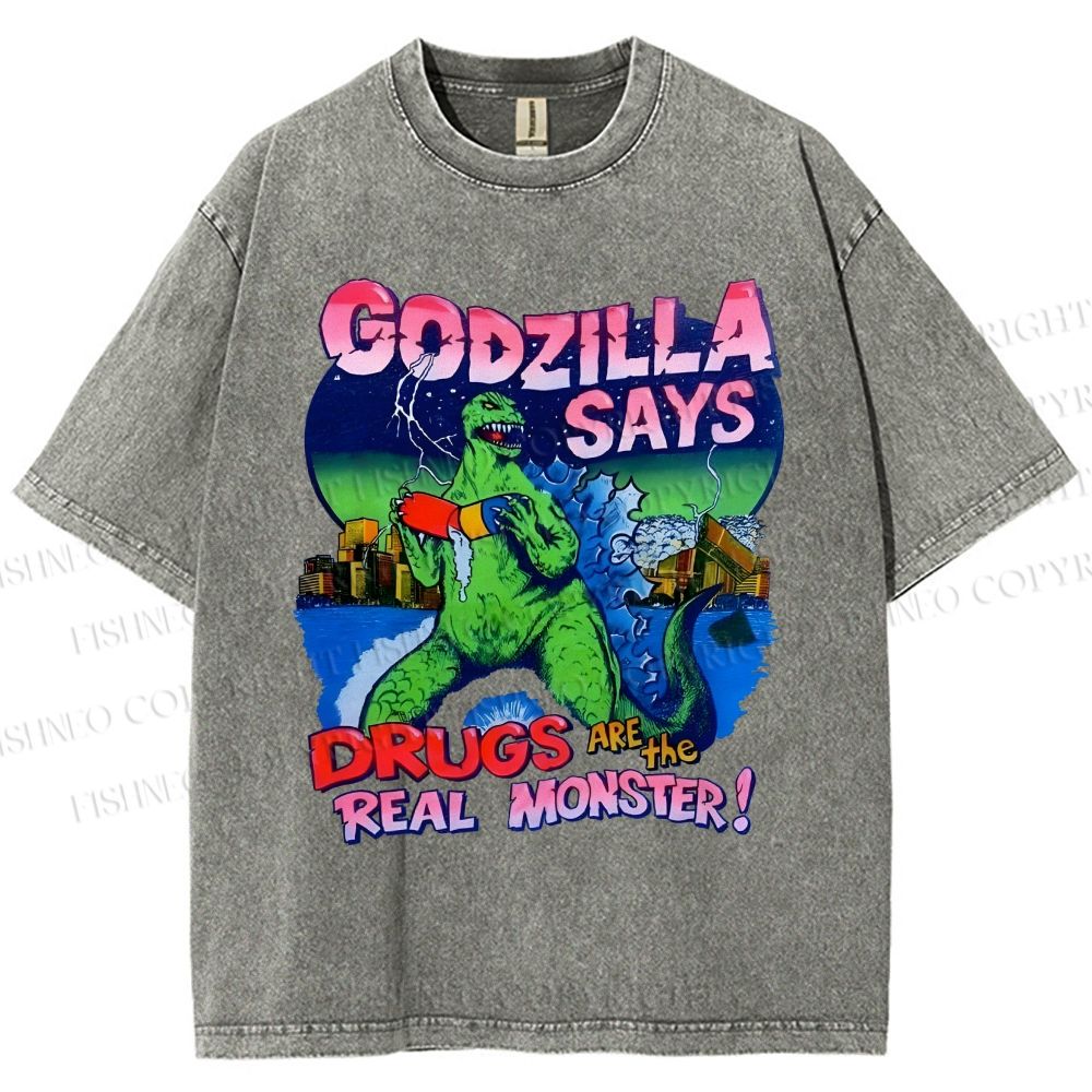 Unisex Godzilla Printed Washed Tee