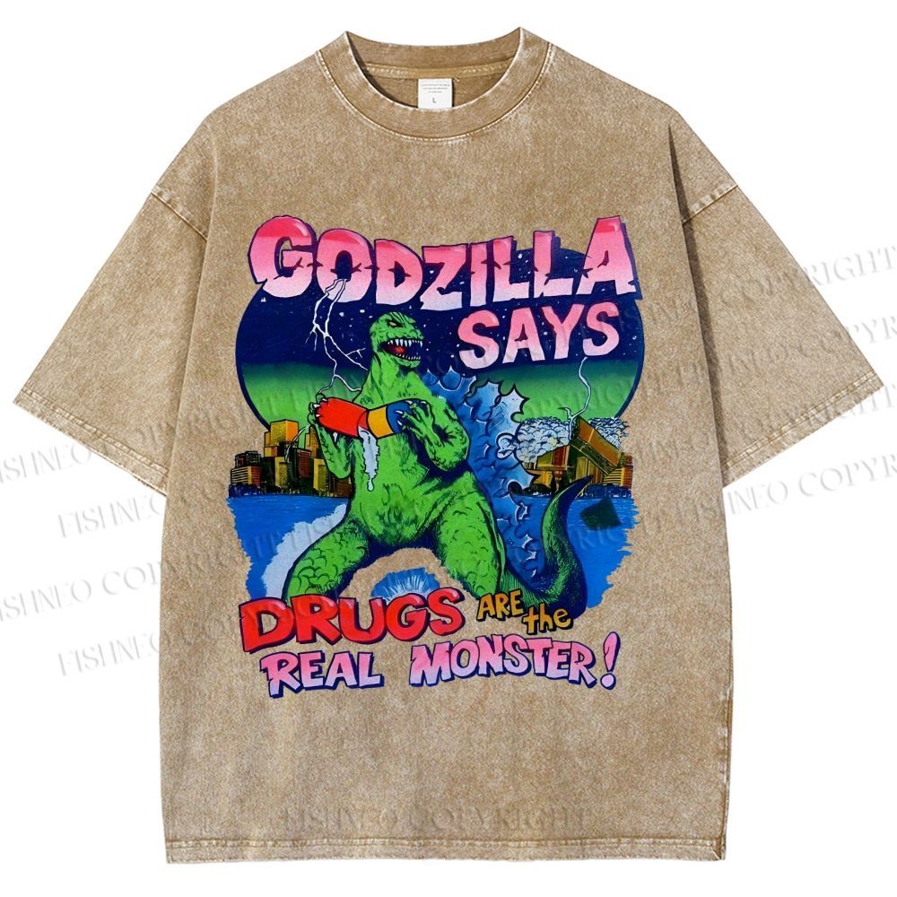 Unisex Godzilla Printed Washed Tee