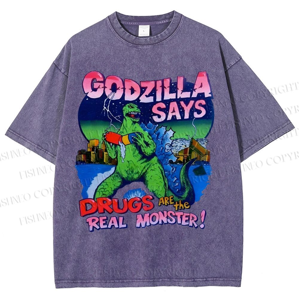 Unisex Godzilla Printed Washed Tee