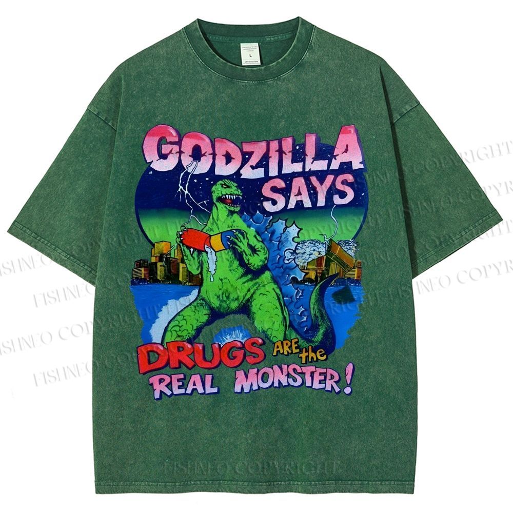 Unisex Godzilla Printed Washed Tee