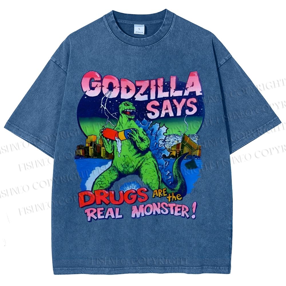 Unisex Godzilla Printed Washed Tee