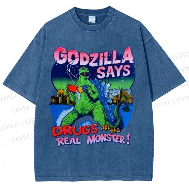 Unisex Godzilla Printed Washed Tee