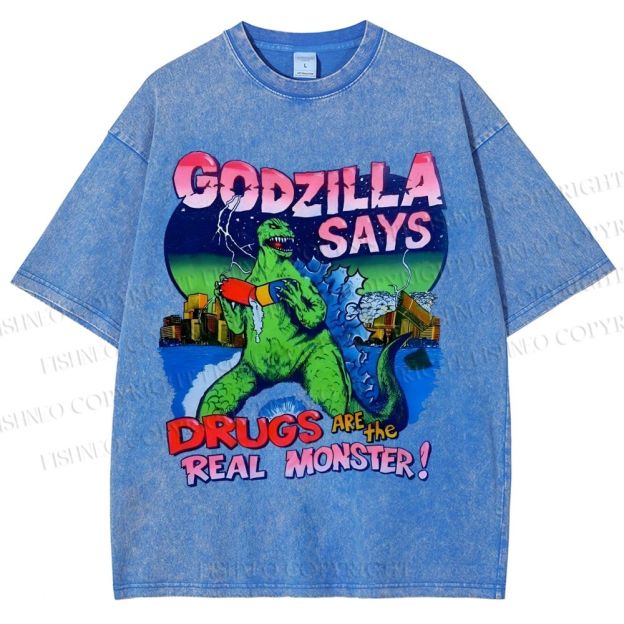 Unisex Godzilla Printed Washed Tee