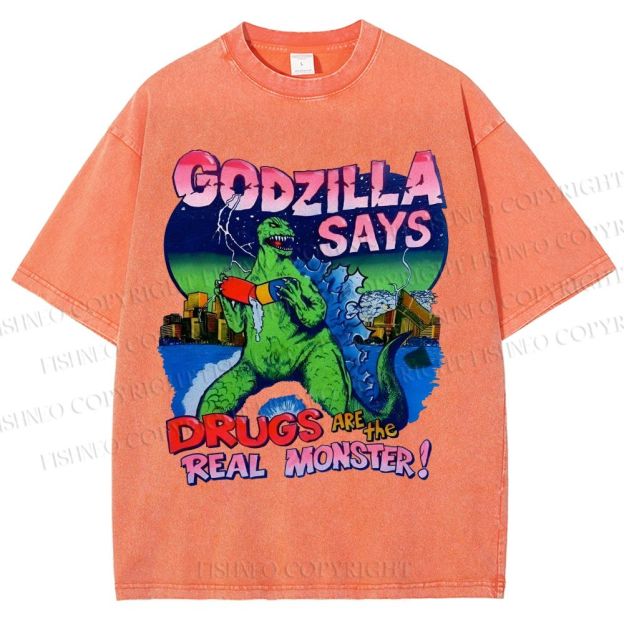 Unisex Godzilla Printed Washed Tee