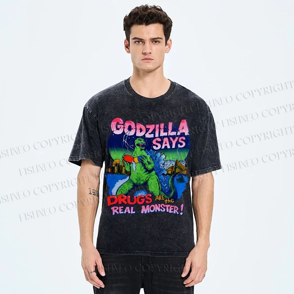 Unisex Godzilla Printed Washed Tee