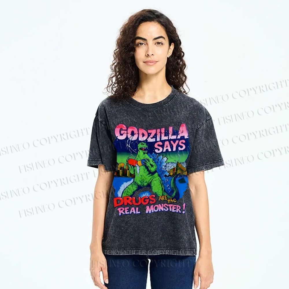 Unisex Godzilla Printed Washed Tee