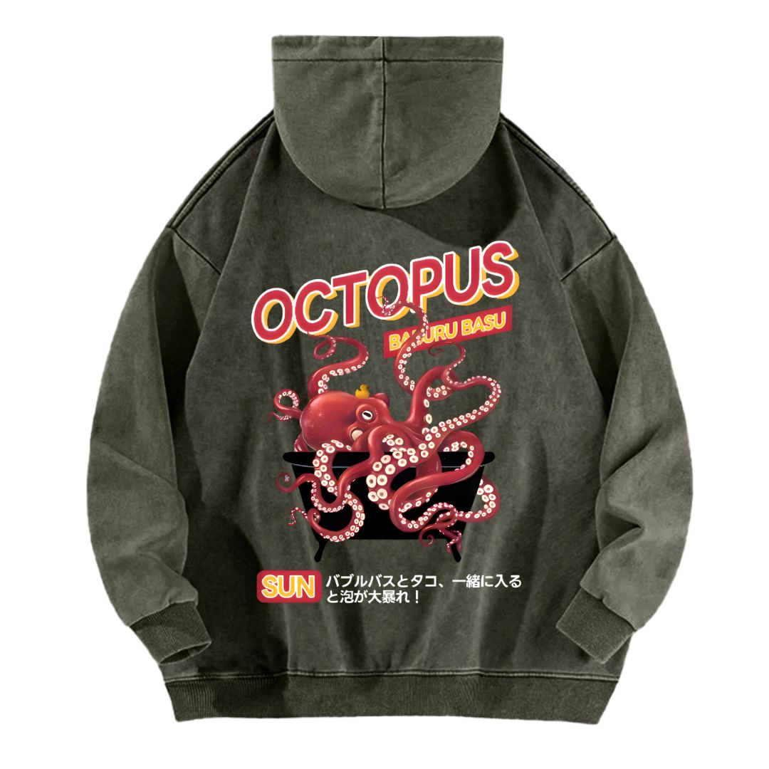 Bubble Bath Octopus Vintage Washed Cotton Back Art Hoodie