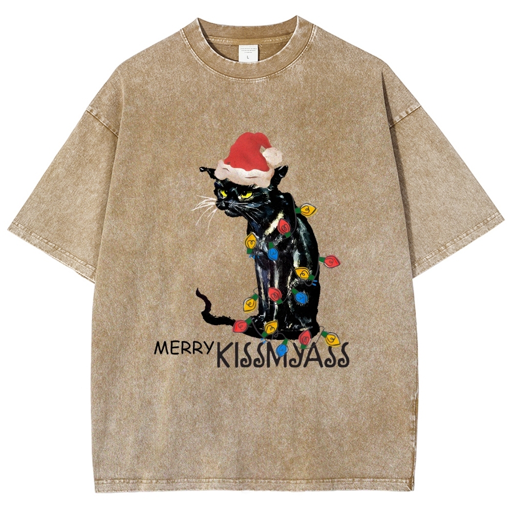 Merry Kissmyass Funny Cat Christmas LightsT-shirt