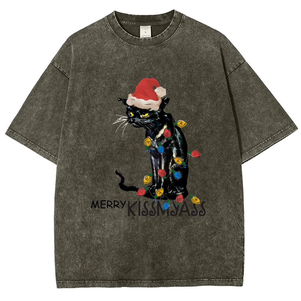 Merry Kissmyass Funny Cat Christmas LightsT-shirt