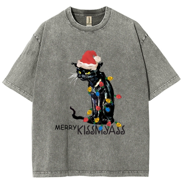 Merry Kissmyass Funny Cat Christmas LightsT-shirt