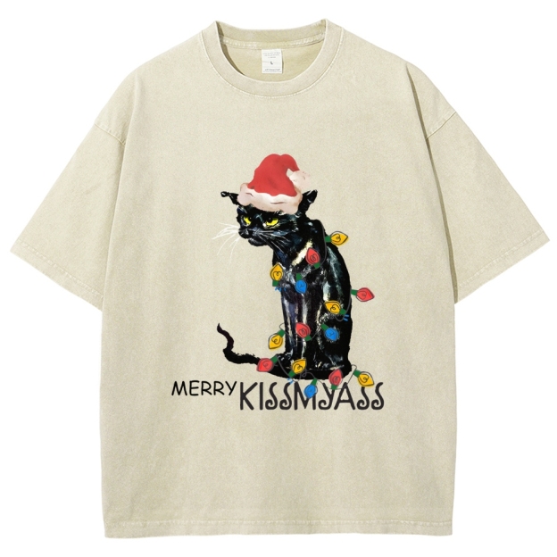 Merry Kissmyass Funny Cat Christmas LightsT-shirt
