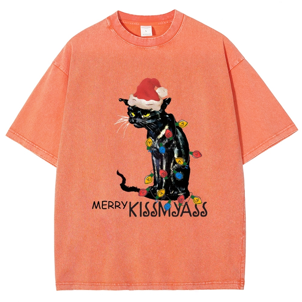 Merry Kissmyass Funny Cat Christmas LightsT-shirt