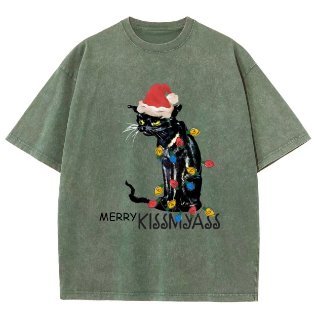 Merry Kissmyass Funny Cat Christmas LightsT-shirt