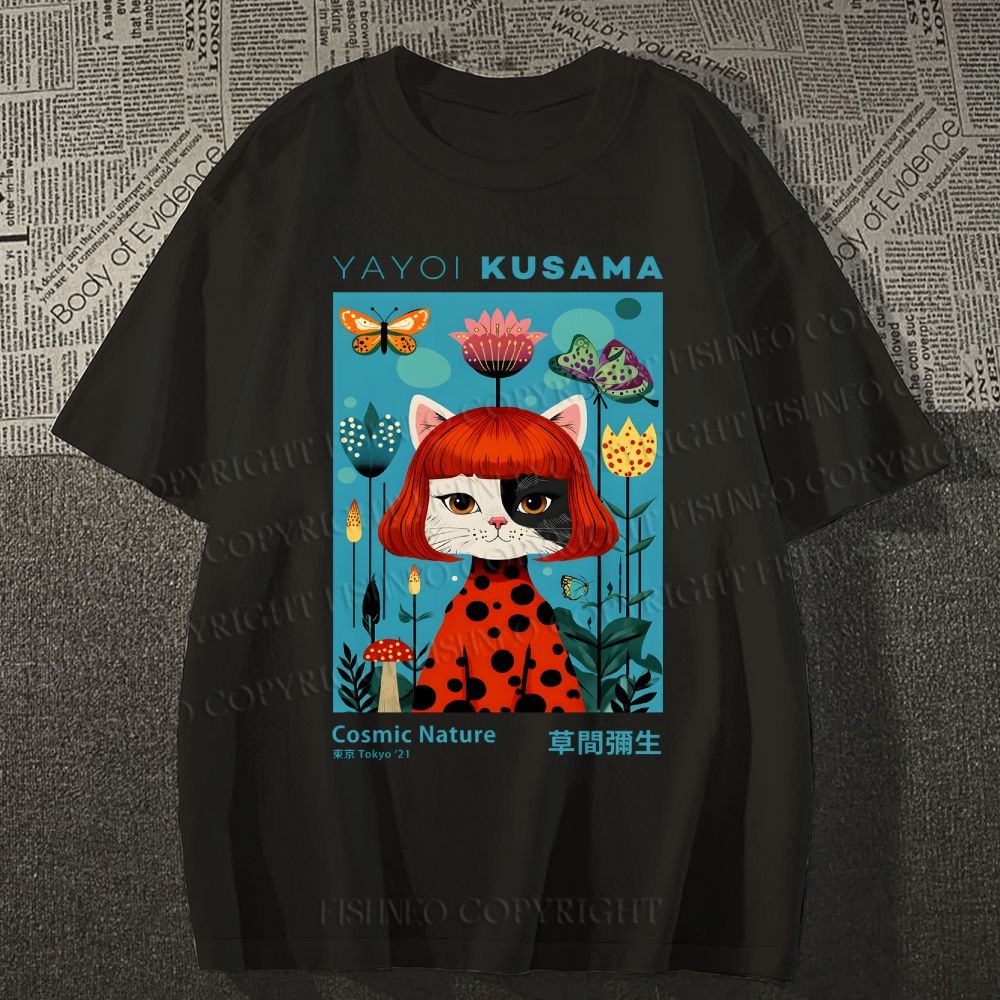 Unisex Yayoi Kusama Cats Printed Classic Cotton T-shirt