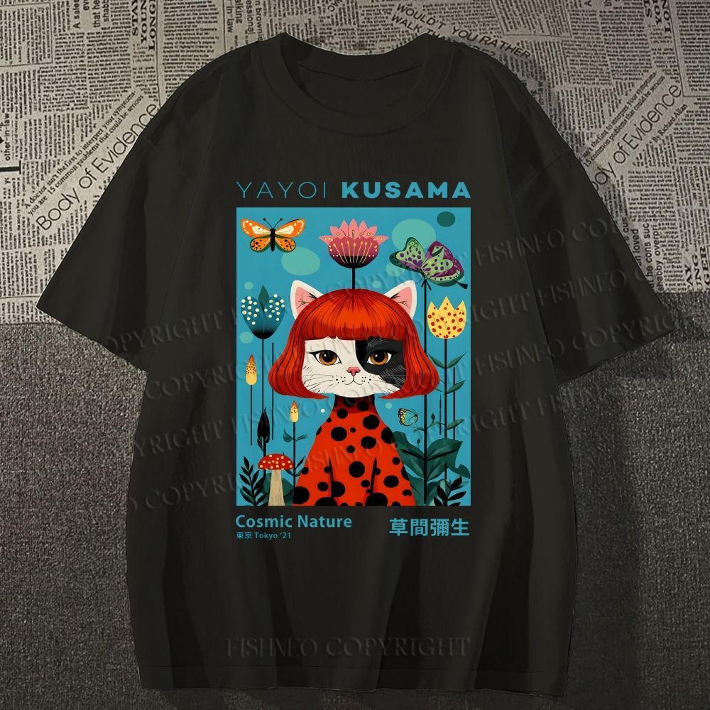 Unisex Yayoi Kusama Cats Printed Classic Cotton T-shirt