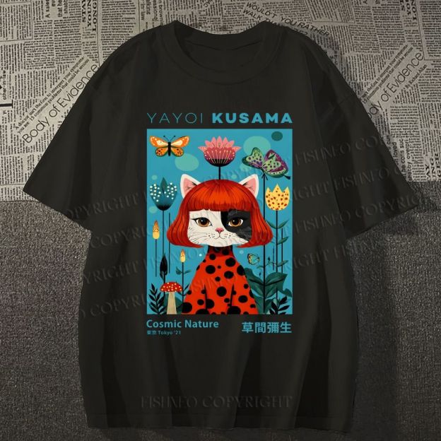 Unisex Yayoi Kusama Cats Printed Classic Cotton T-shirt