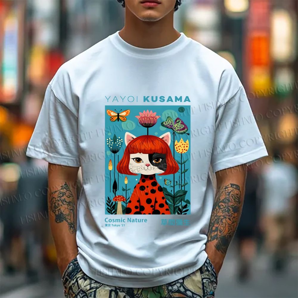 Unisex Yayoi Kusama Cats Printed Classic Cotton T-shirt