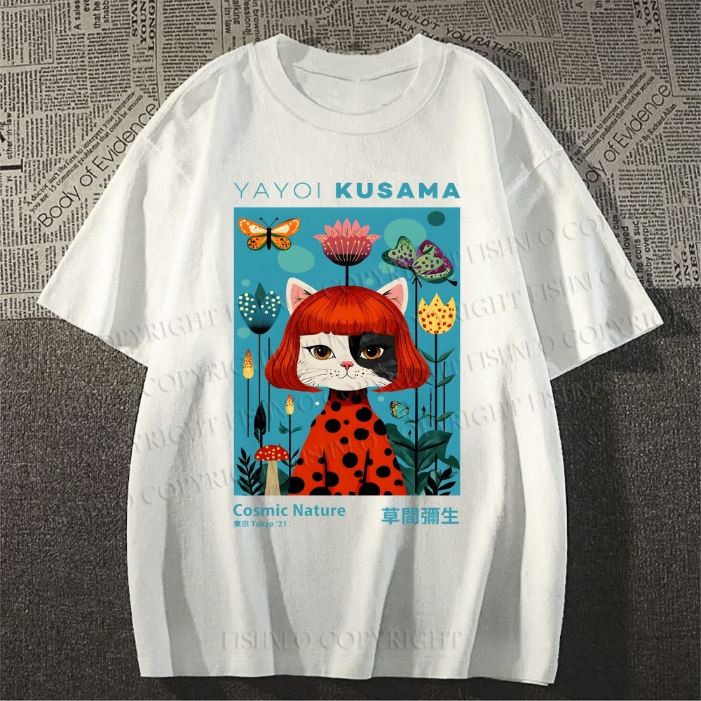 Unisex Yayoi Kusama Cats Printed Classic Cotton T-shirt