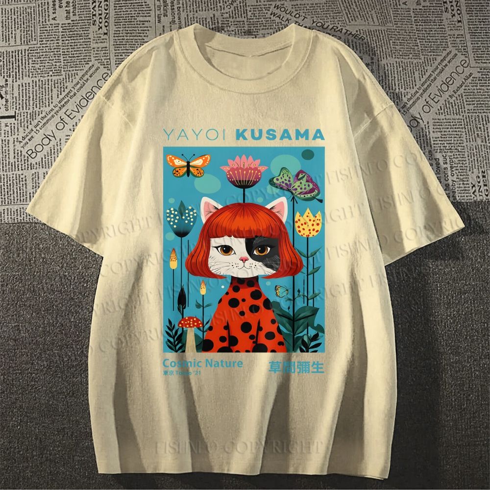 Unisex Yayoi Kusama Cats Printed Classic Cotton T-shirt