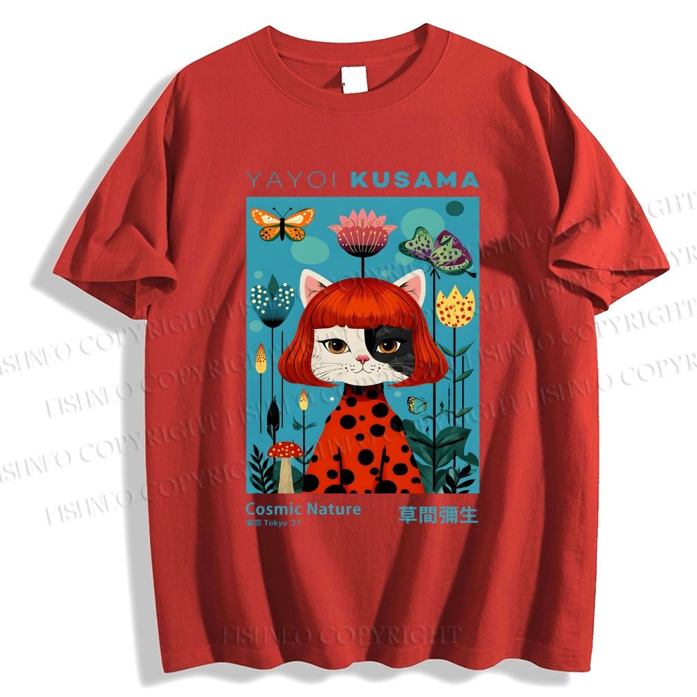 Unisex Yayoi Kusama Cats Printed Classic Cotton T-shirt