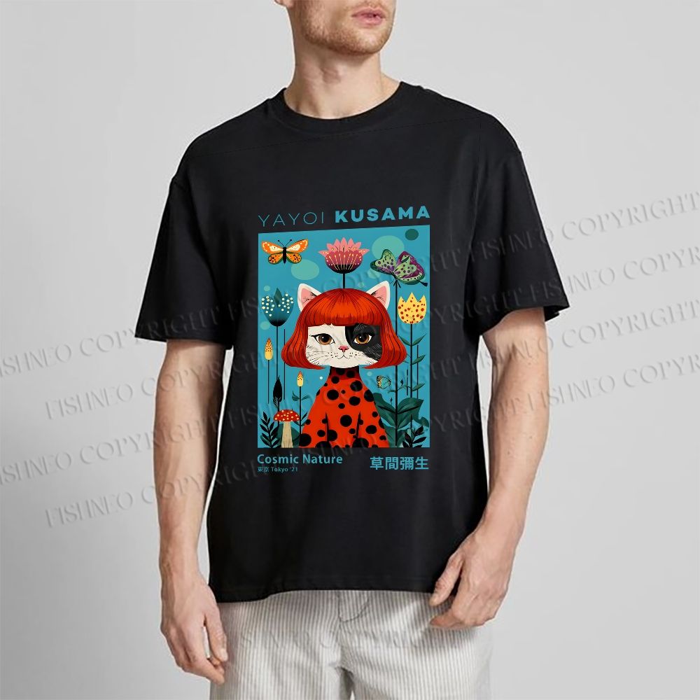 Unisex Yayoi Kusama Cats Printed Classic Cotton T-shirt