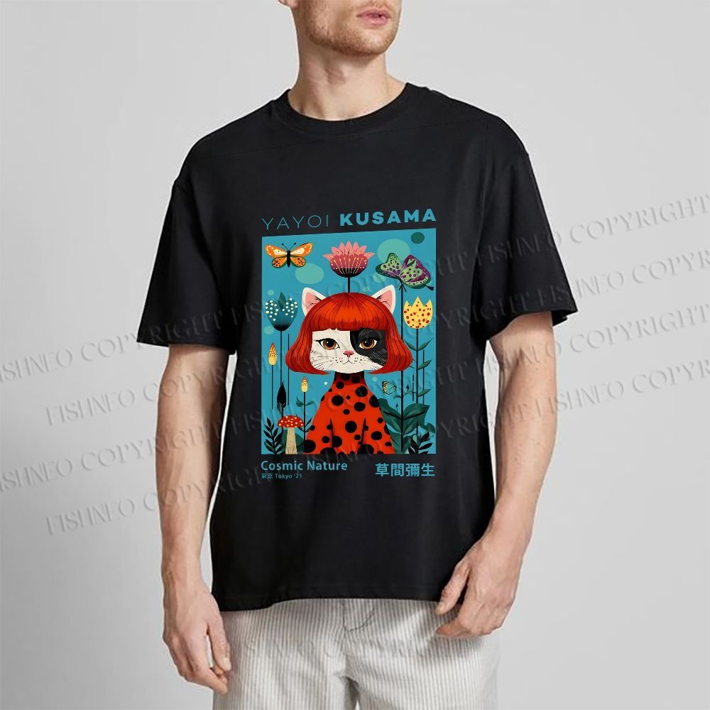 Unisex Yayoi Kusama Cats Printed Classic Cotton T-shirt