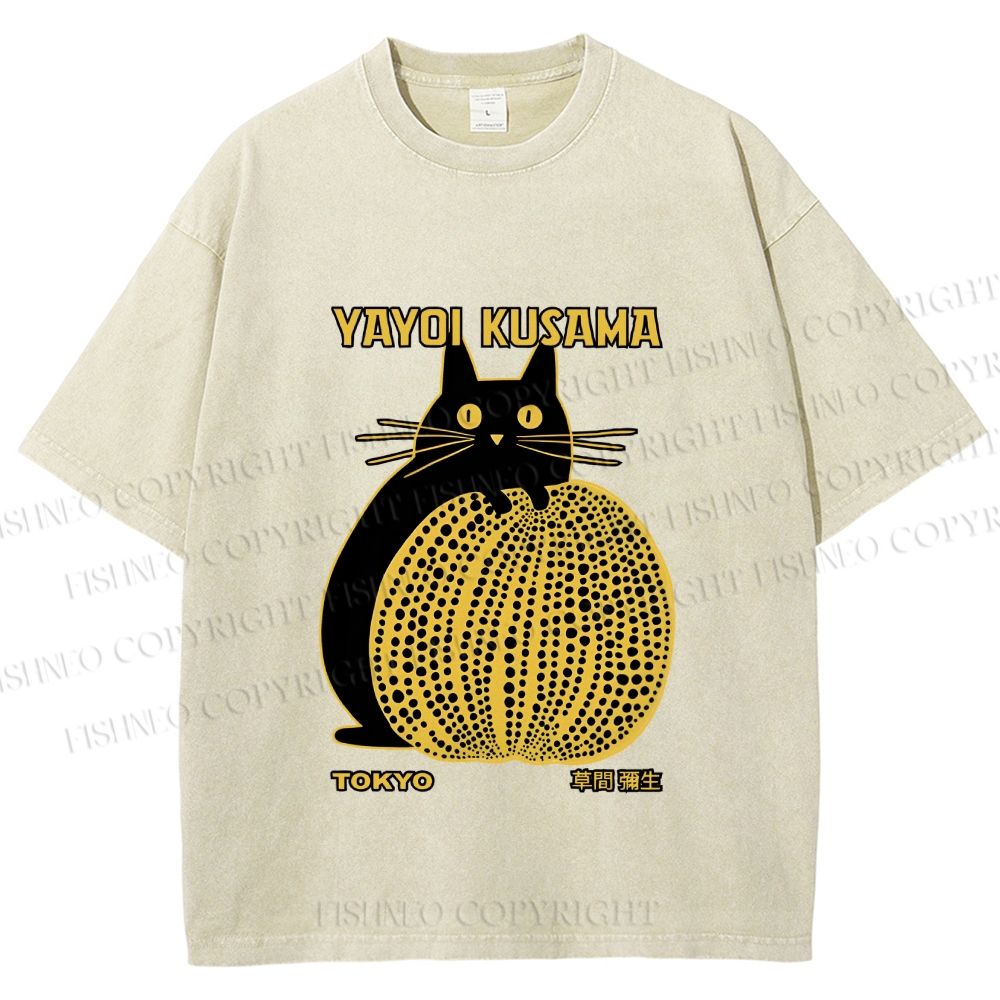 Unisex  Japanese Yayoi Kusama Pumpkin Cat Printed Washed Tee