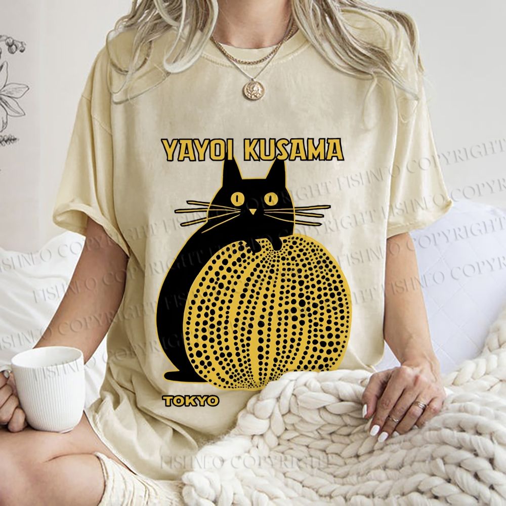 Unisex  Japanese Yayoi Kusama Pumpkin Cat Printed Washed Tee