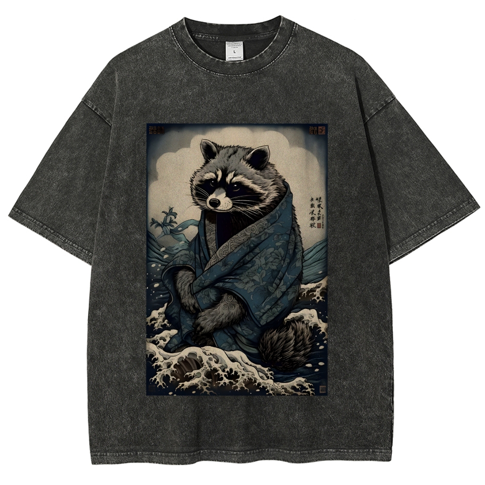 Raccoon and Waves - Traditional Japanese Ukiyoe Painting Vintage Washed T-shirt