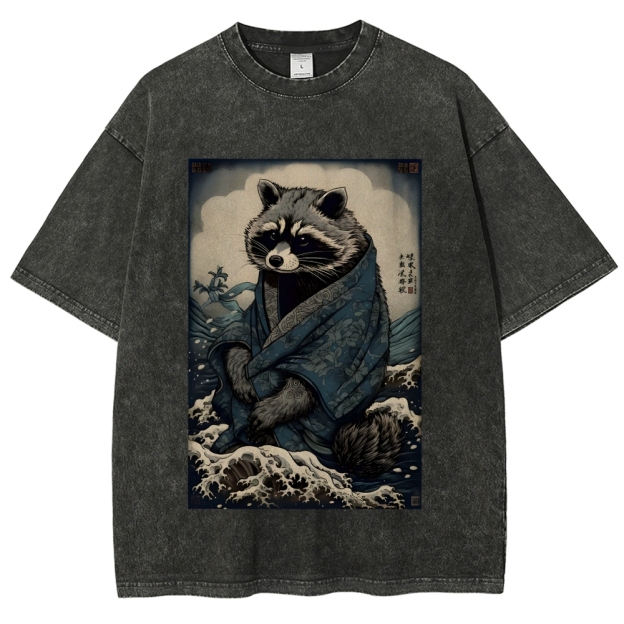Raccoon and Waves - Traditional Japanese Ukiyoe Painting Vintage Washed T-shirt