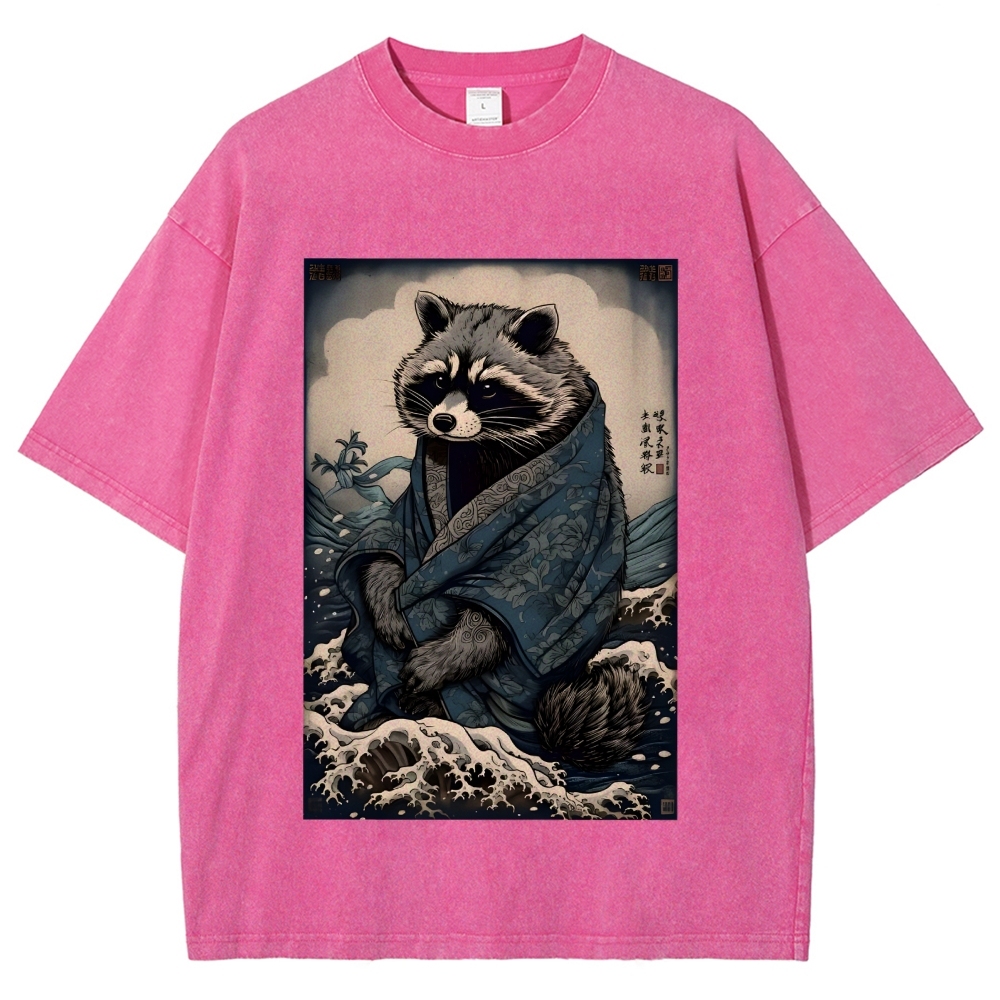 Raccoon and Waves - Traditional Japanese Ukiyoe Painting Vintage Washed T-shirt