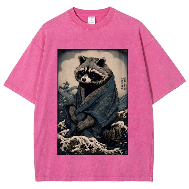 Raccoon and Waves - Traditional Japanese Ukiyoe Painting Vintage Washed T-shirt