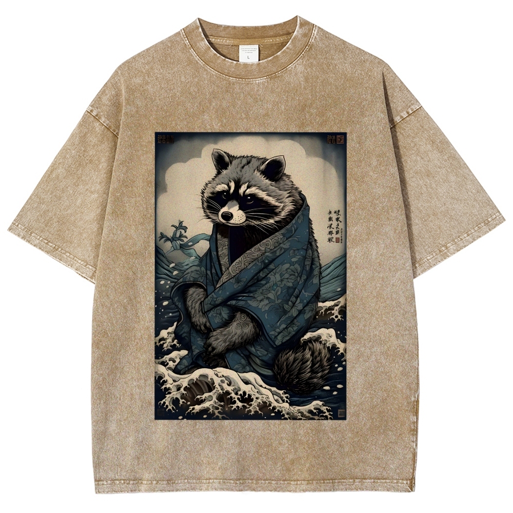 Raccoon and Waves - Traditional Japanese Ukiyoe Painting Vintage Washed T-shirt