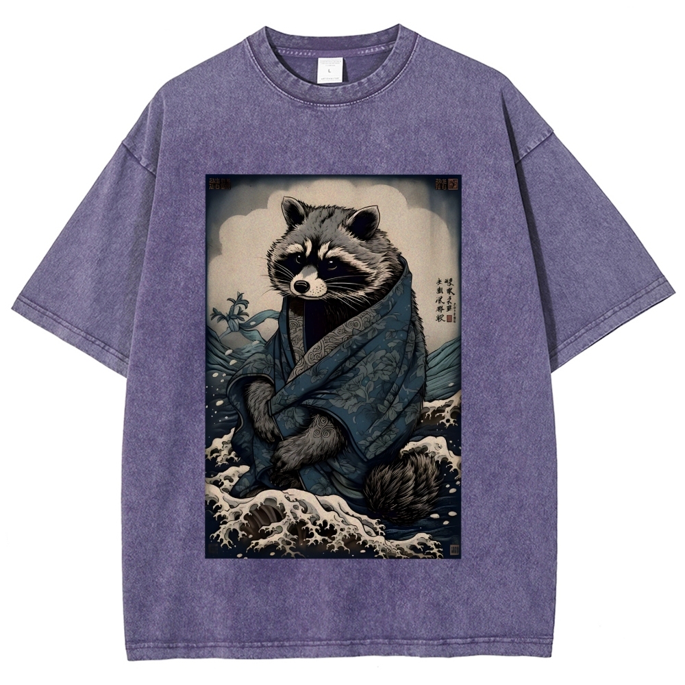 Raccoon and Waves - Traditional Japanese Ukiyoe Painting Vintage Washed T-shirt